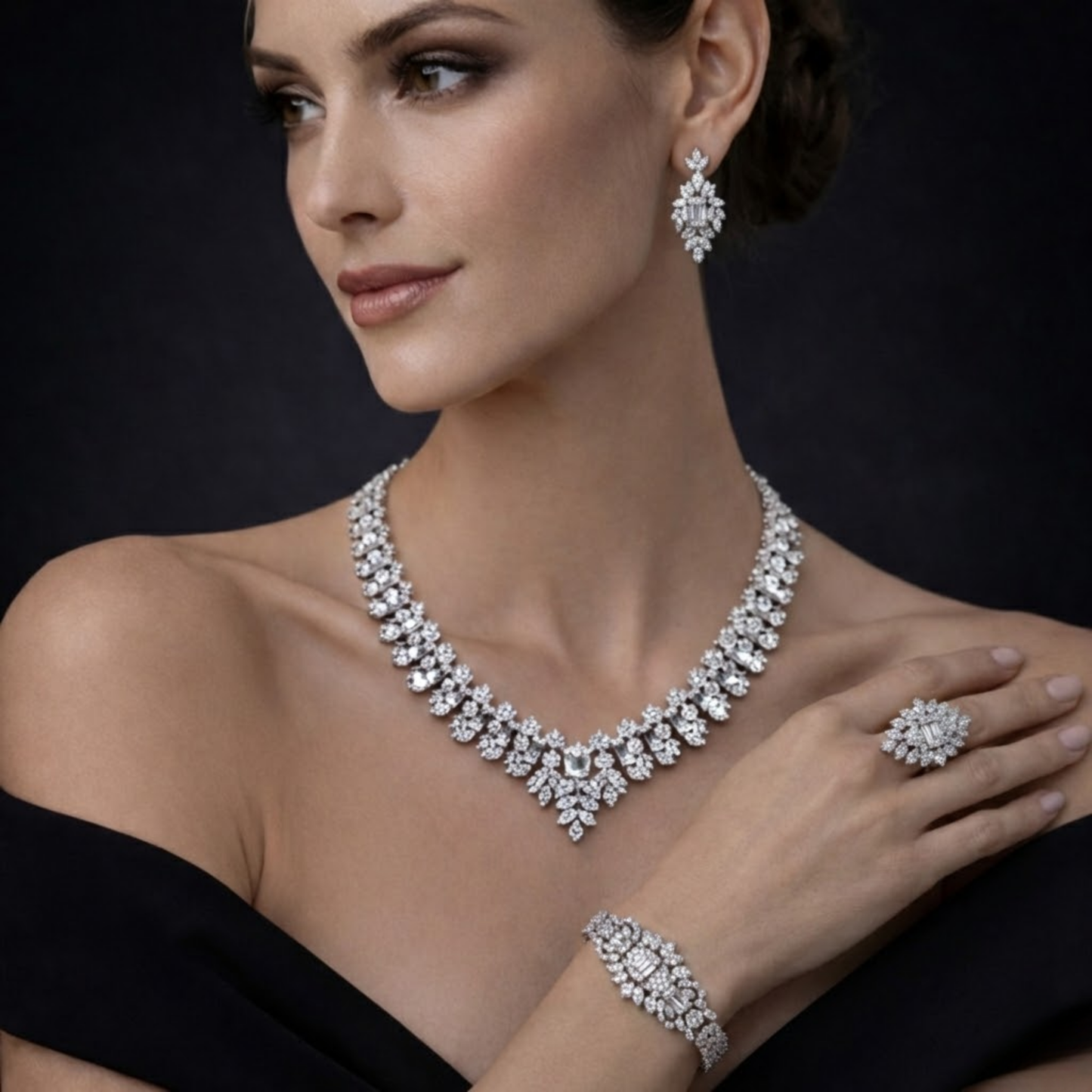 Elite Silver Necklace Set W/ Earings, Ring and Bracelet CJWSN011