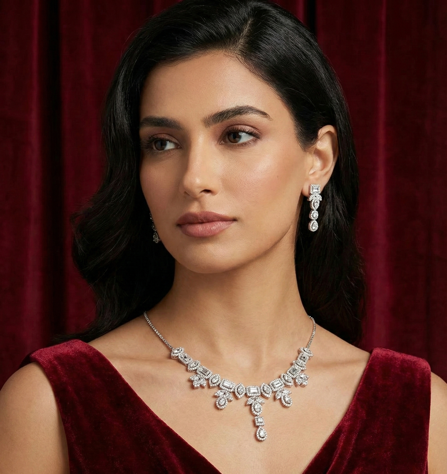 Woman wearing a diamond necklace and earrings against a red curtain background