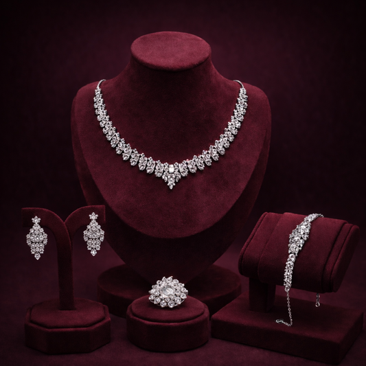 Elite Silver Necklace Set W/ Earings, Ring and Bracelet CJWSN011