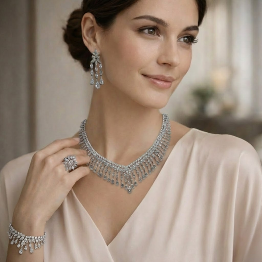 Elite Silver Necklace Set W/ Earings, Ring and Bracelet CJWSN012